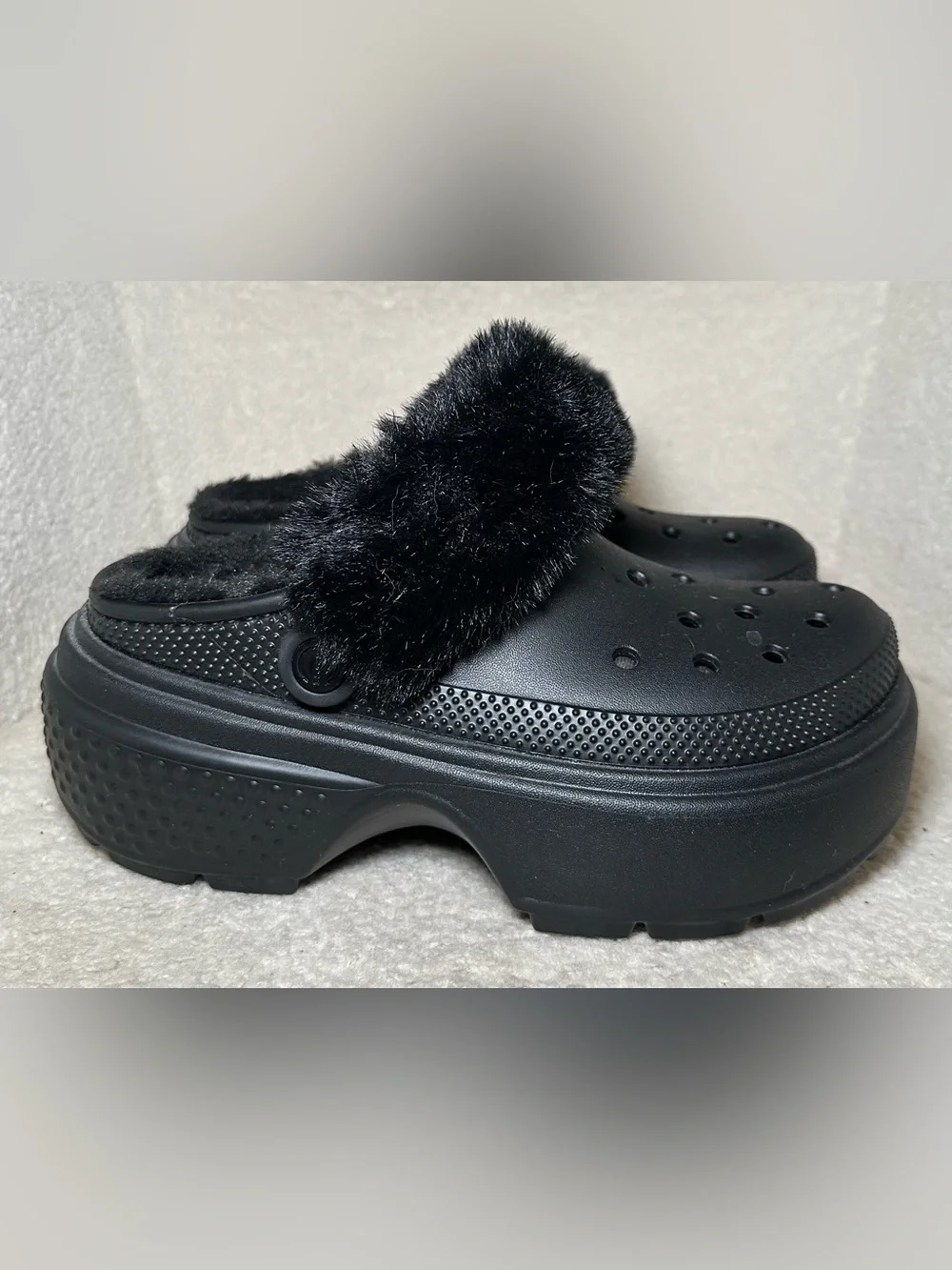 Crocs Stomp Lined Clog Black Faux Fur Platform Shoes Y2K Goth Punk Chunky Emo 8